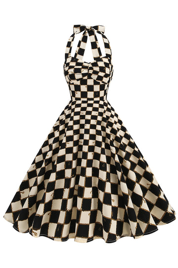 Sort gitter Plaid Halter Kort Vintage 1950'erne Kjole